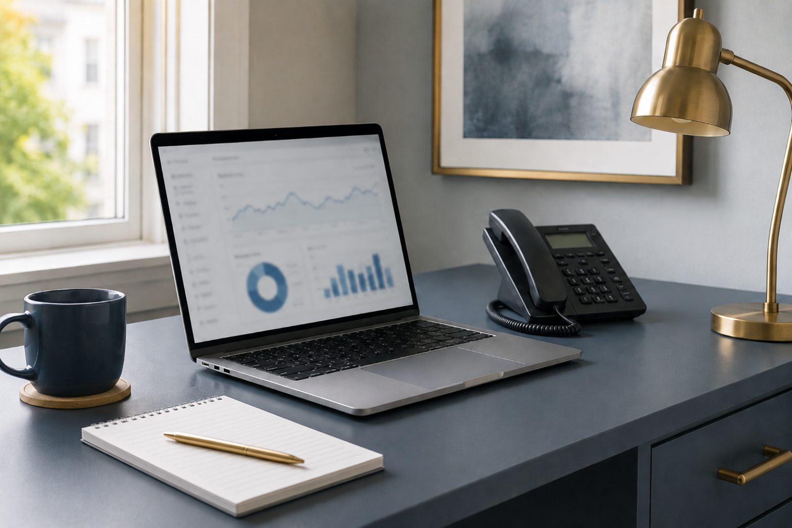 Tidy desk with a laptop showing a blurred analytics dashboard, beside a notepad, pen and telephone