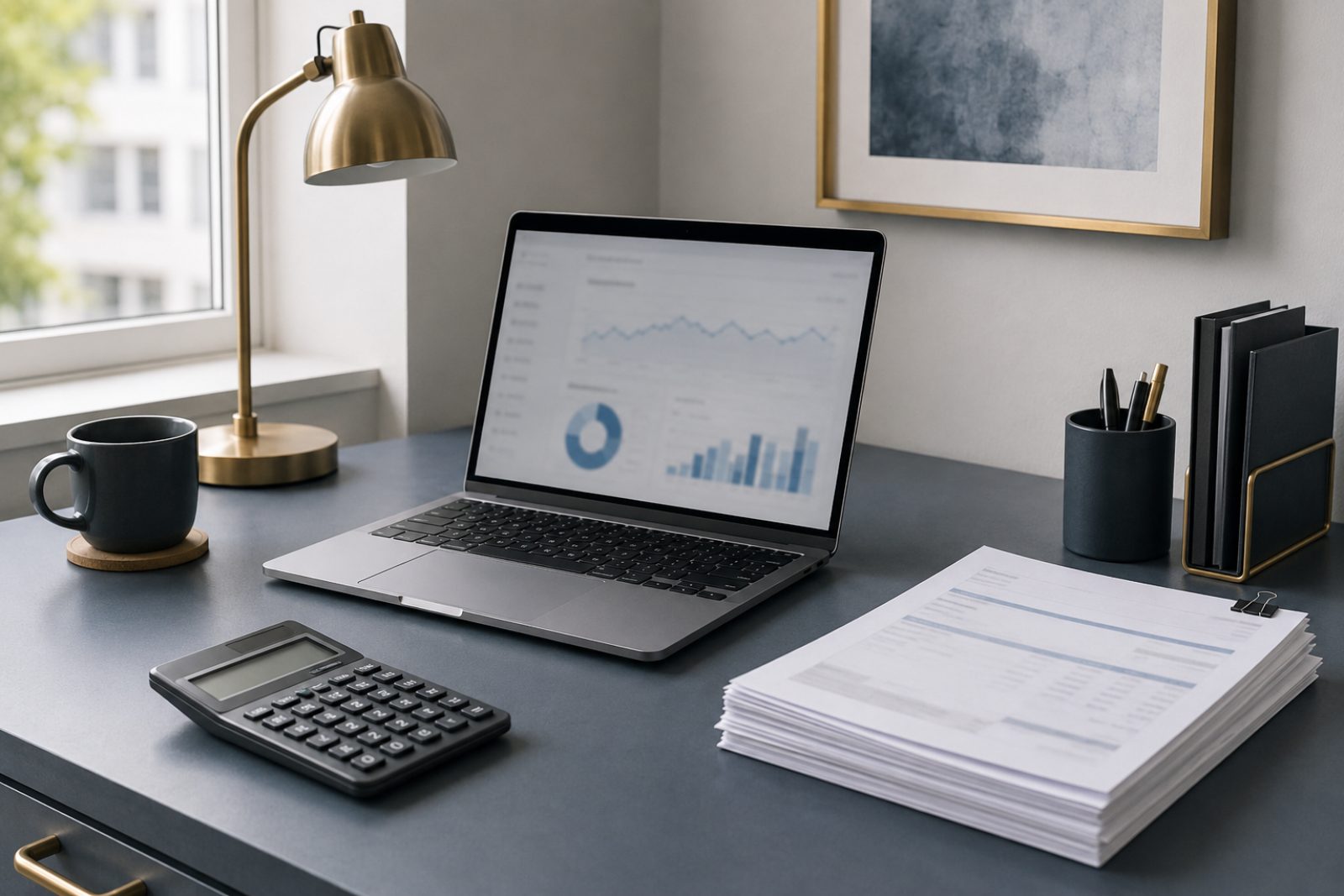 Clean desk with a calculator, a neat stack of paper invoices and an open laptop under a brass desk lamp