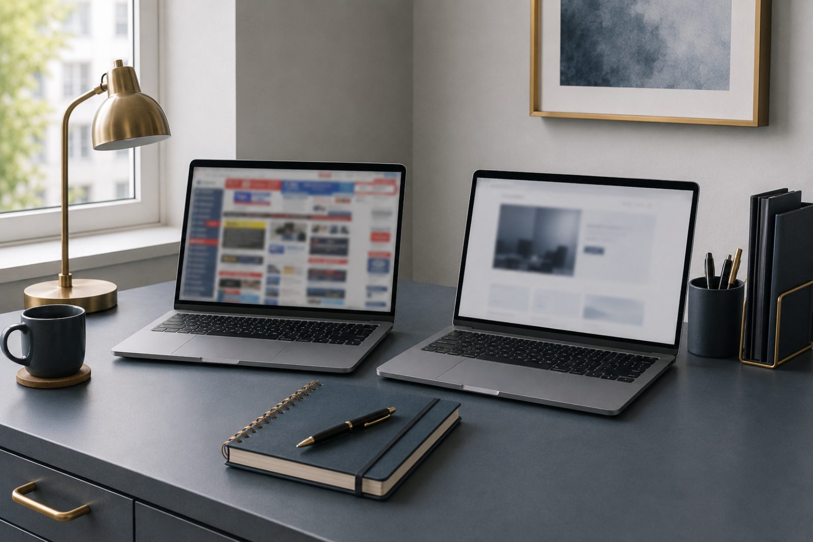 Two laptops side by side comparing a dated cluttered webpage with a clean modern layout, notebook between them