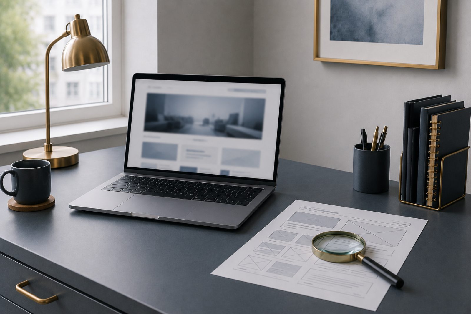 Laptop on a tidy desk beside a printed website wireframe sheet with a magnifying glass resting on it