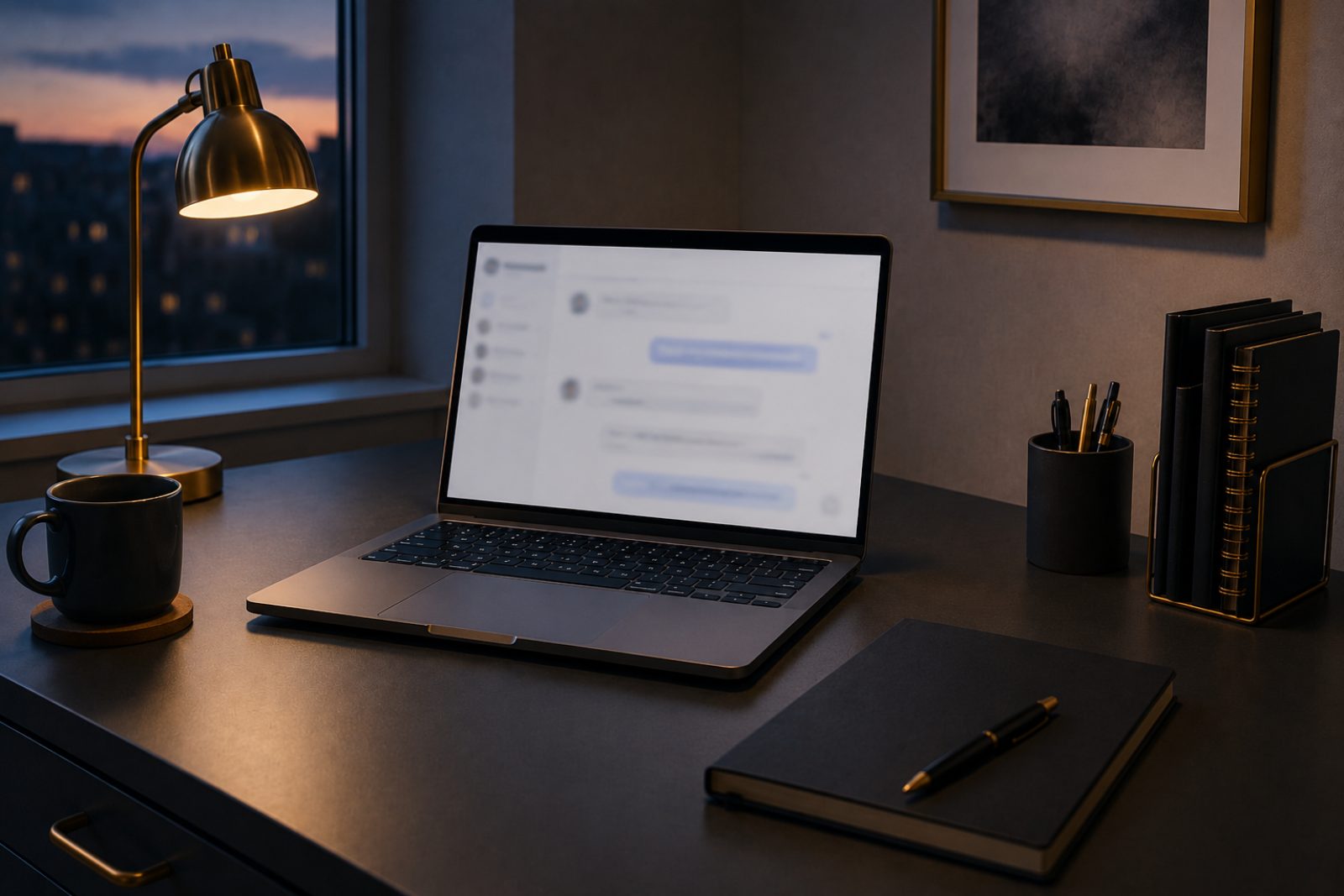 Laptop glowing at dusk with an abstract conversational interface, warm brass lamp light against slate blue shadows