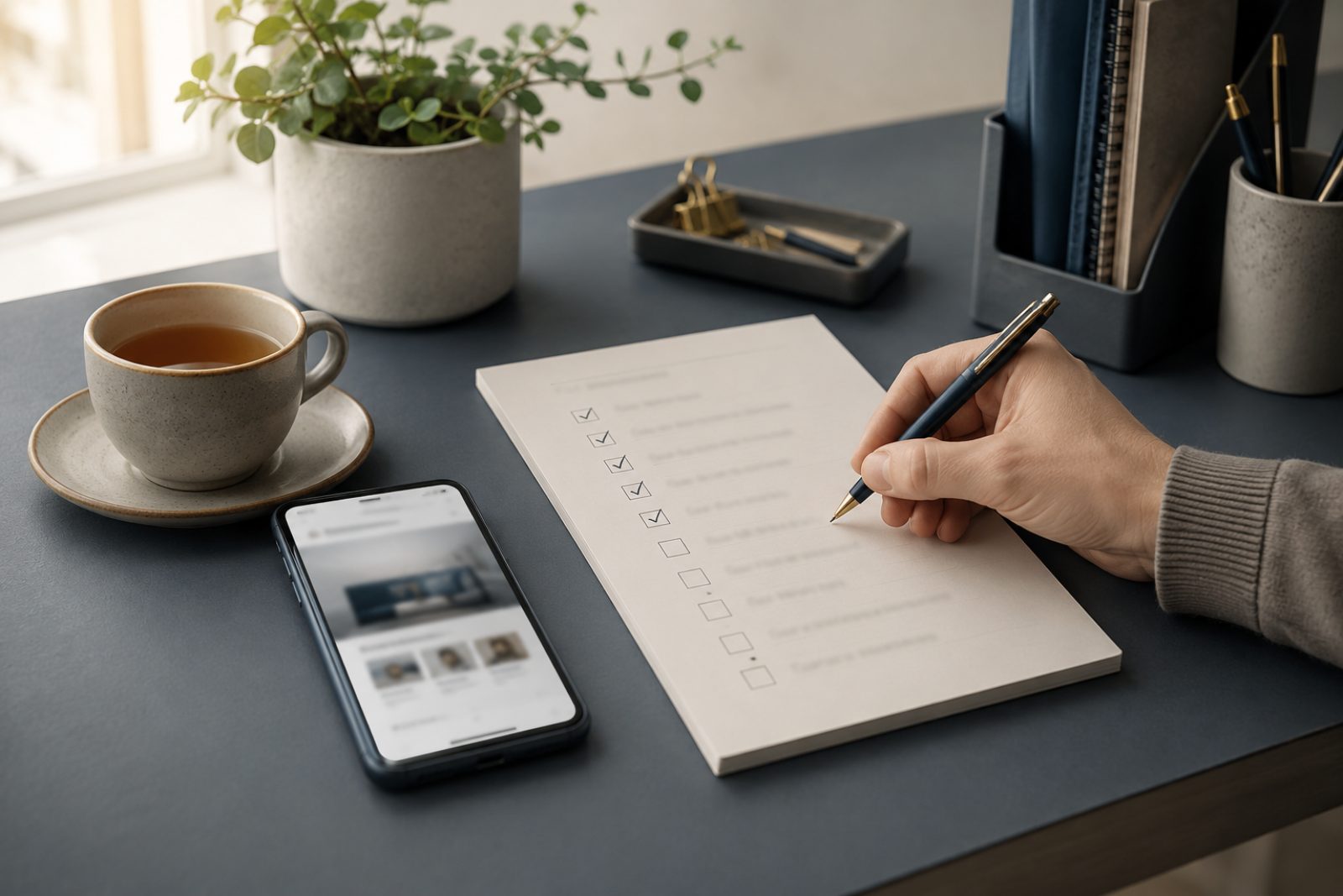 Hand ticking a paper checklist beside a smartphone showing a blurred small-business website and a cup of tea
