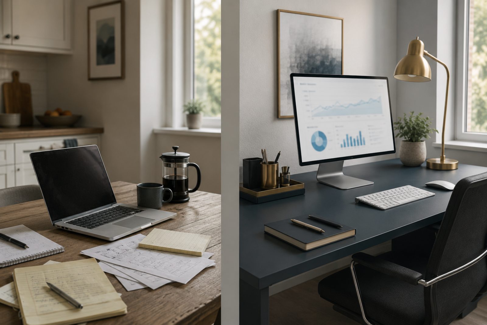 Split scene contrasting a kitchen table with laptop and scattered notes against a tidy professional studio desk