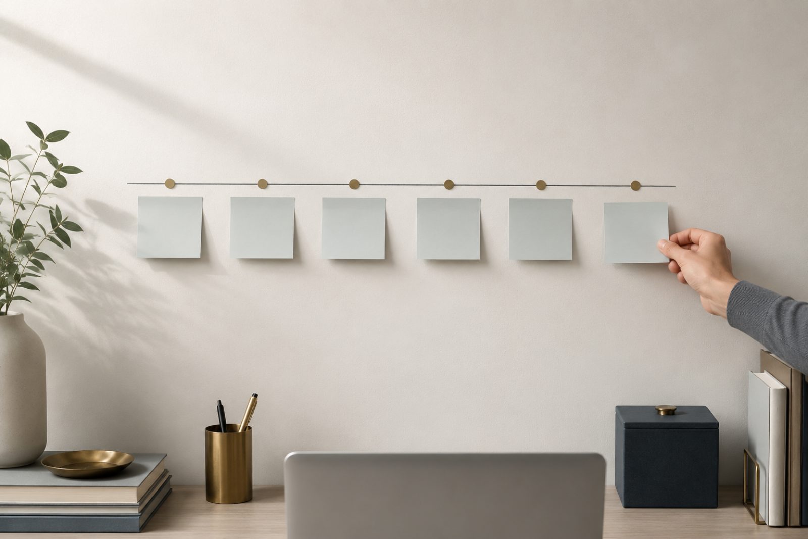Wall planner with a neat row of blank sticky notes forming a timeline and a hand placing one note
