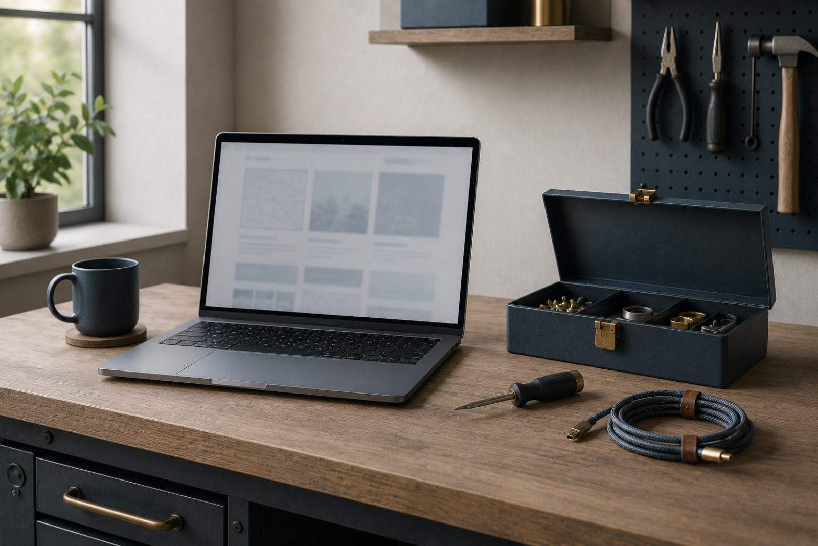 Laptop on a clean workbench desk with a small open toolbox, screwdriver and neatly coiled cable