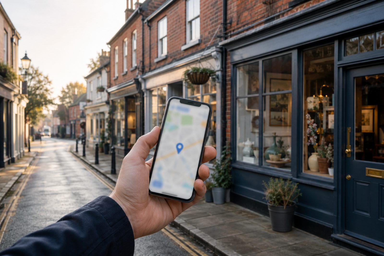 British high street with brick shopfronts and a hand holding a smartphone showing a blurred map with a location pin