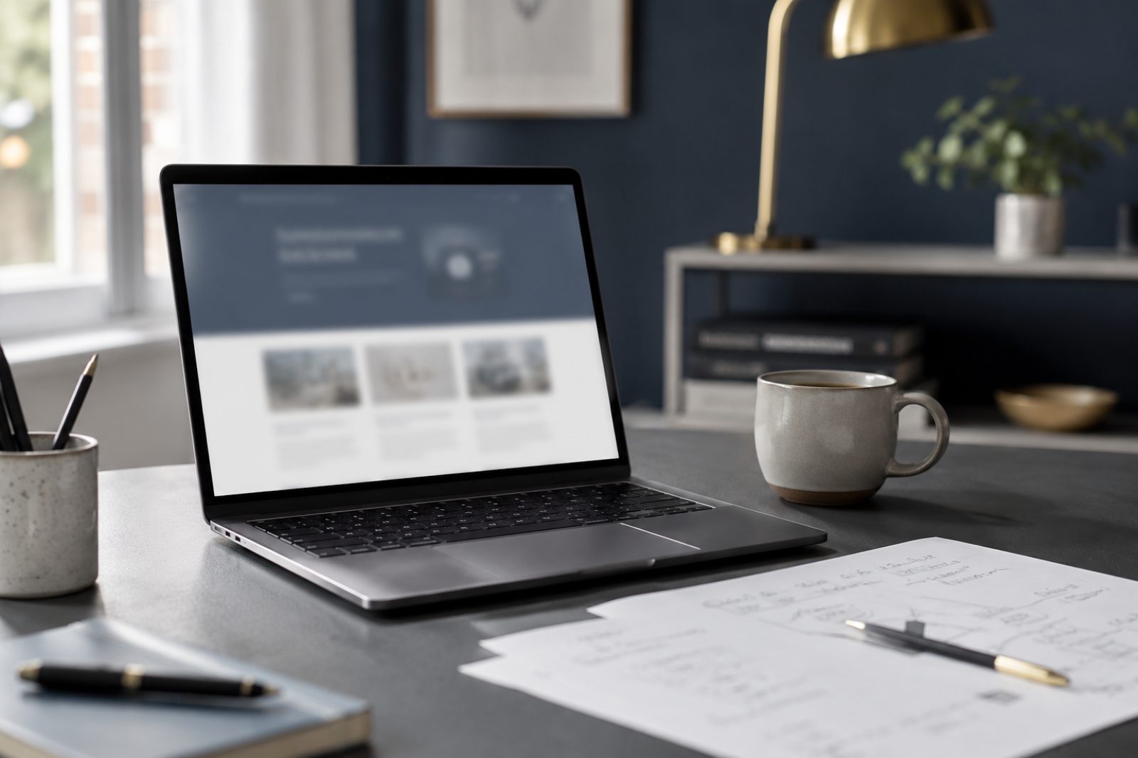 Writing desk with a laptop showing a blurred services page layout, handwritten notes and a cup of coffee