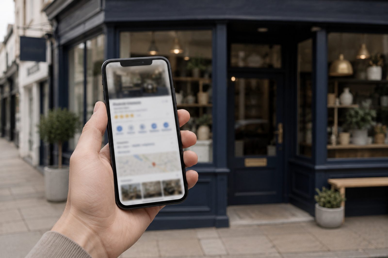 Hand holding a smartphone with a blurred business listing panel outside a navy painted shopfront