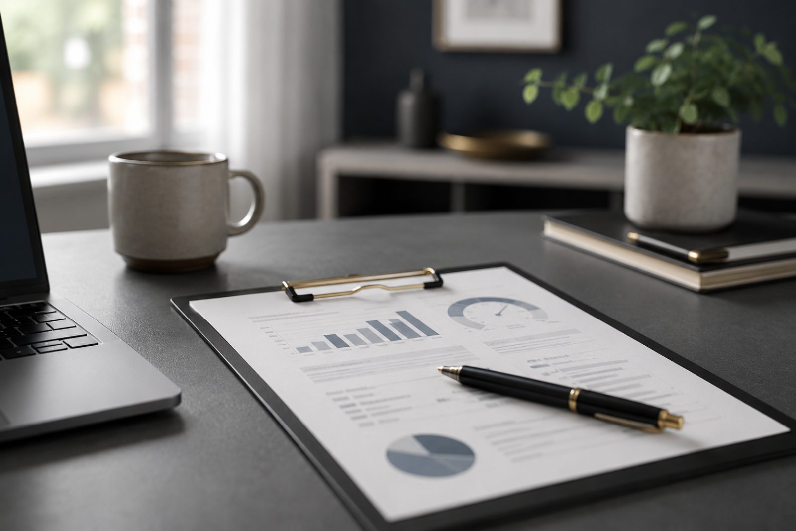Clipboard holding a printed report with blurred charts and a score dial, pen resting on it
