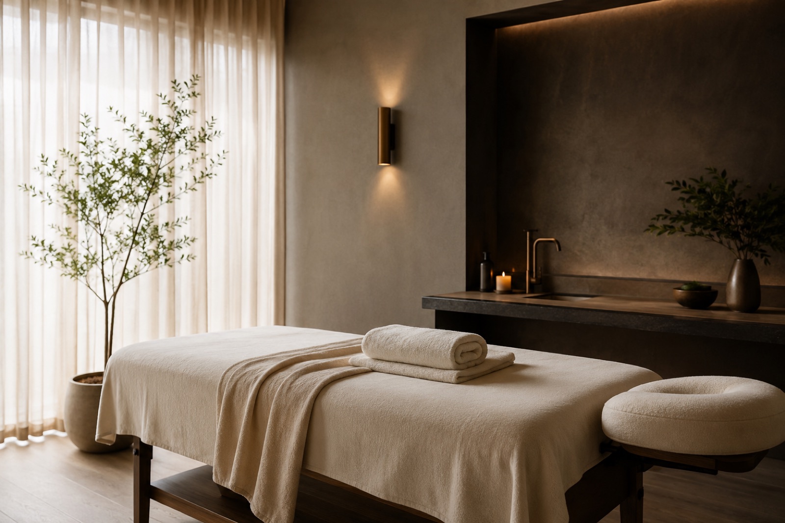 Lugnt behandlingsrum hos Synergy Massage med massagebänk, mjuka handdukar och varmt morgonljus