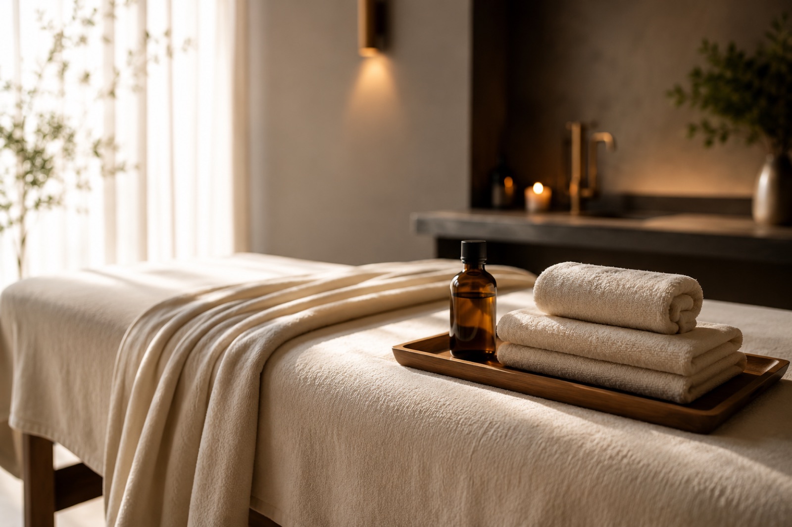 Massagebänk med varma handdukar och massageolja i mjukt fönsterljus hos Synergy Massage