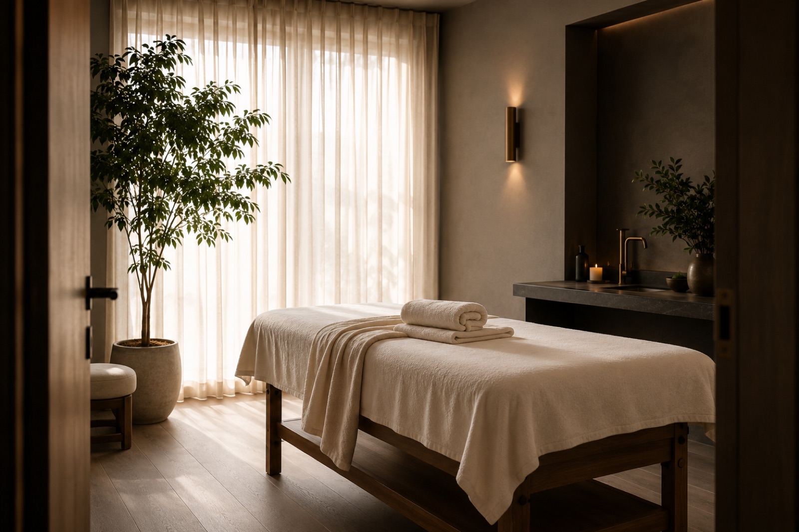 Lugnt behandlingsrum hos Synergy Massage i Limhamn med massagebänk och mjukt dagsljus