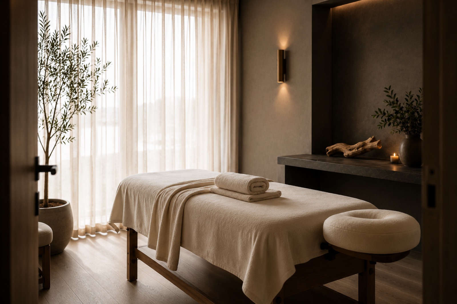 Massagebänk vid fönster med mjukt kustljus hos Synergy Massage i Limhamn