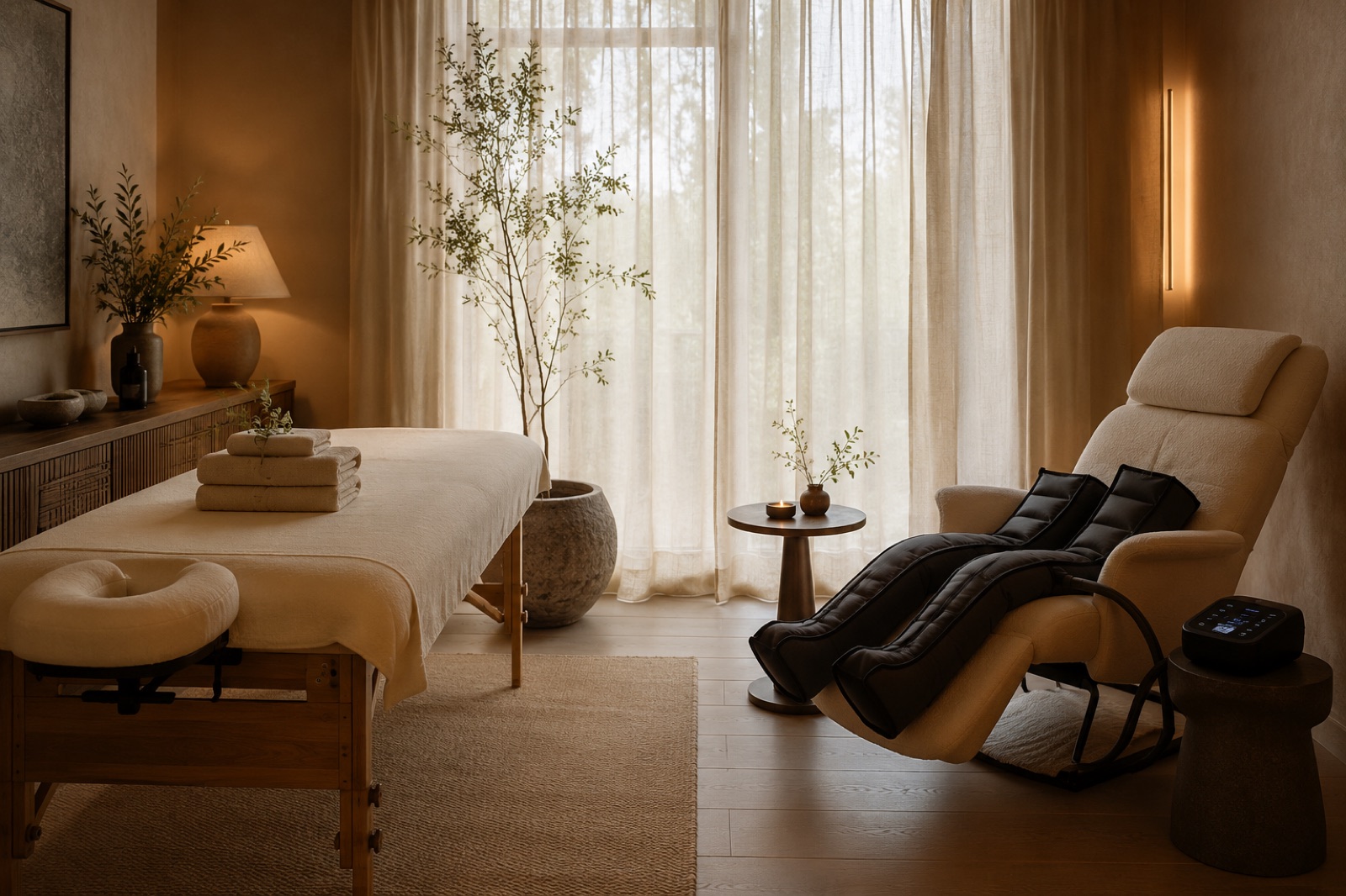 Massagebänk och viloplats med kompressionsstövlar sida vid sida hos Synergy Massage
