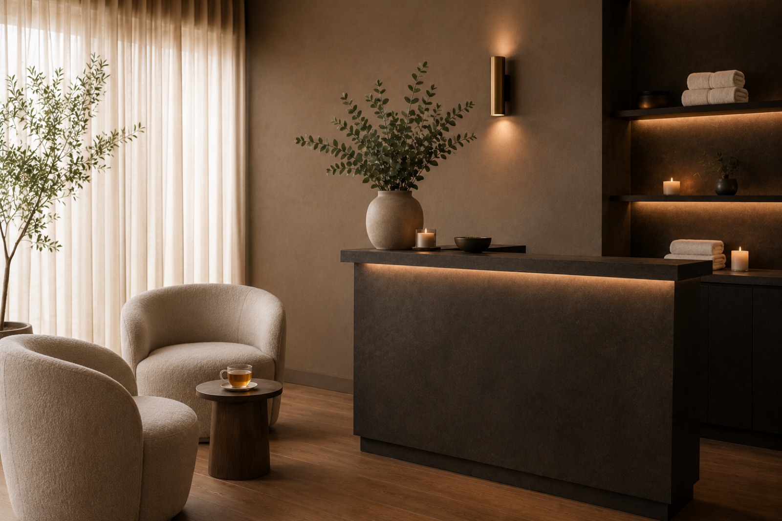 Välkomnande reception hos Synergy Massage med fåtöljer, eukalyptus och varmt dagsljus
