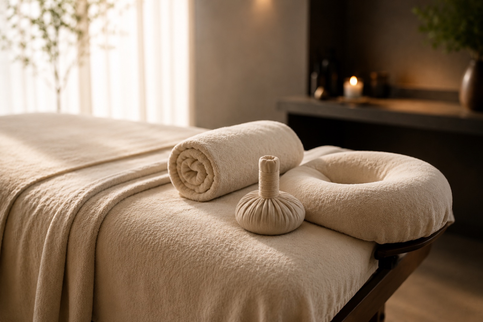 Massagebänkens nackstöd med mjuk handduksrulle och varmt kompress för nacke och axlar