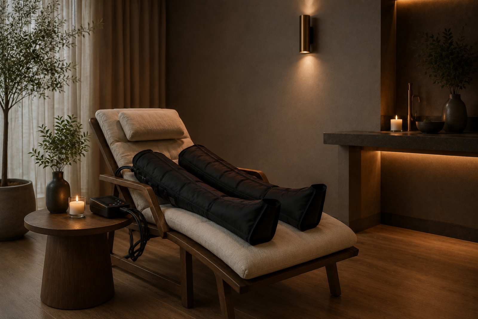 Normatec kompressionsstövlar på en viloplats hos Synergy Massage, redo för återhämtning