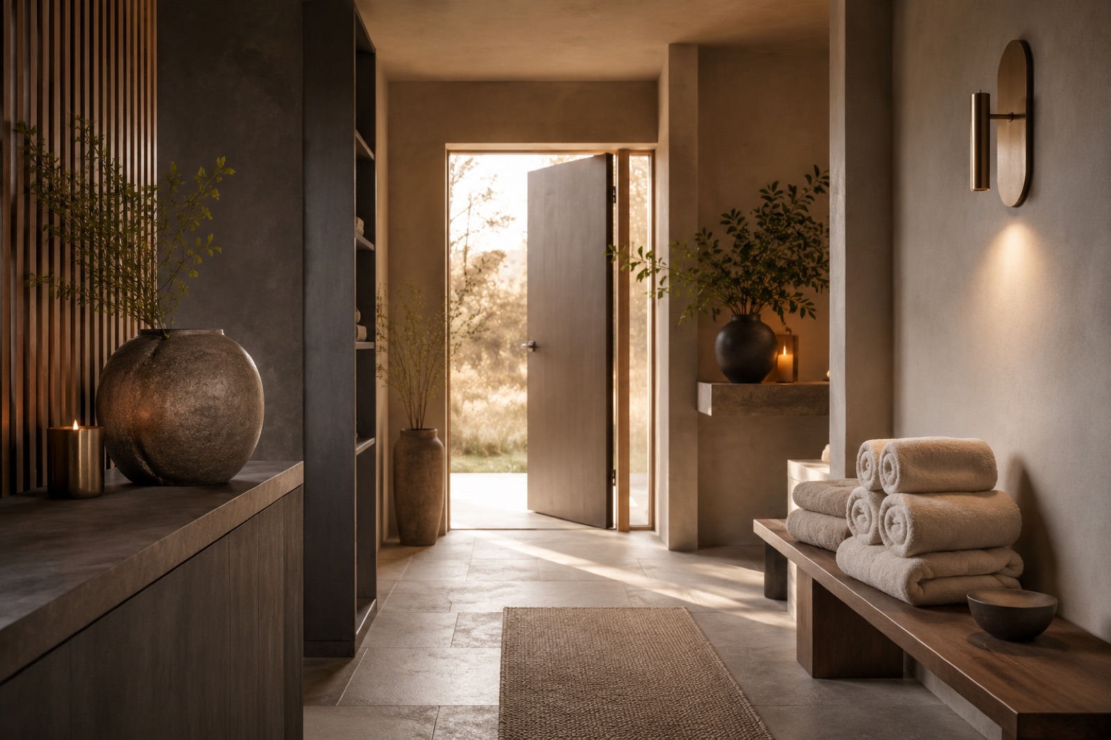 Synergy Massages entré i Limhamn med öppen dörr, varmt ljus och bänk med handdukar
