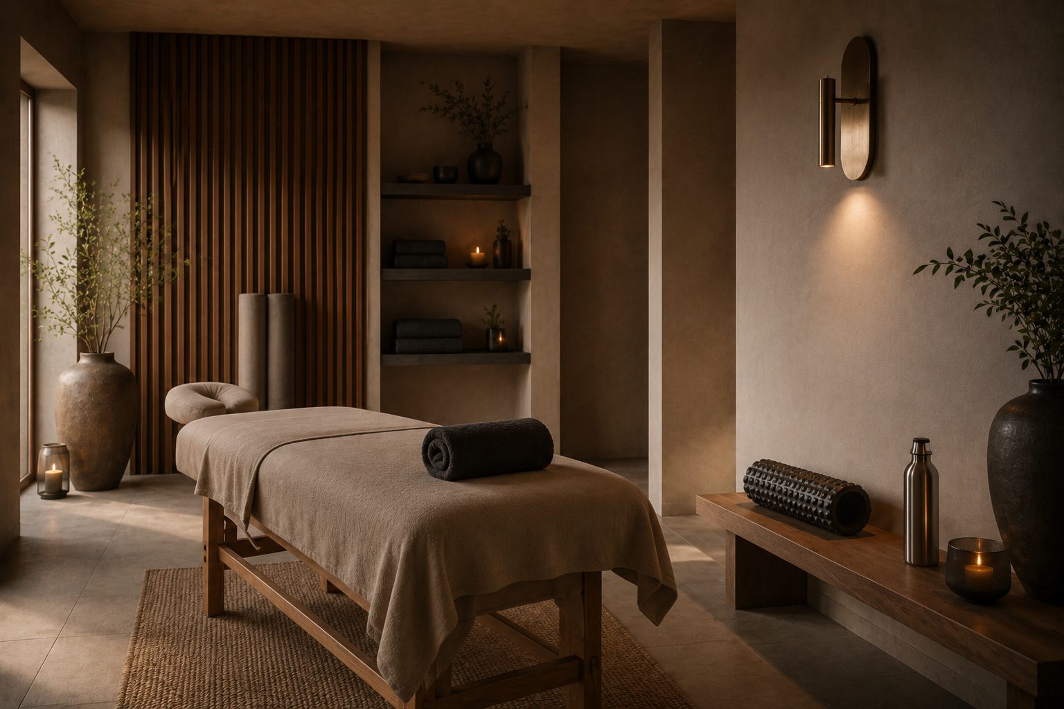 Sportmassagehörna hos Synergy Massage med massagebänk, foam roller och vattenflaska